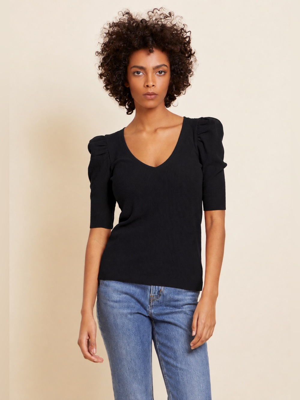 Nation LTD Nancy Puff Sleeve Sweater in Black Ribbed V-Neck Short Sleeve Large